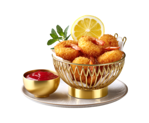 Fried shrimp tempura served on a gold plate with sauce and beautiful garnish on transparent background