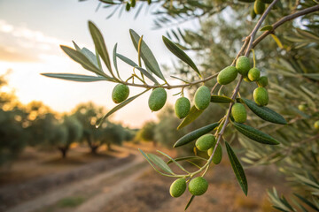 Green olives growing on tree branch in Mediterranean grove at sunset with rural background