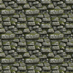 Stone wall with green plants seamless tileable pattern
