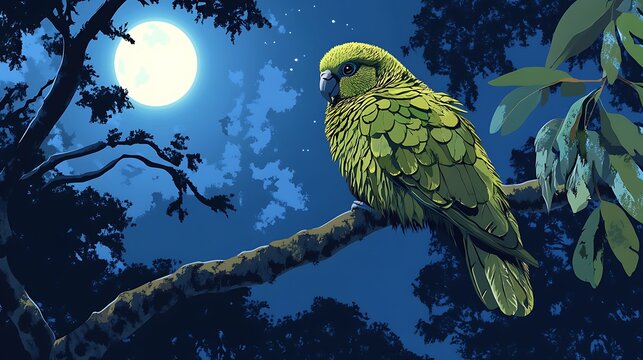 Lush green parrot perched on a branch at night.