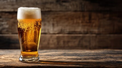 Crisp lager in glass with rich foam on old wooden surface against a moody backdrop, suitable for craft beer campaigns, alcohol features, and bar graphics