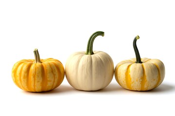 Obraz premium Three colorful miniature pumpkins of different varieties standing on a white background