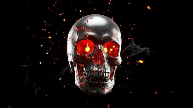 Metallic skull 3D with glowing red cracks and embers against black backdrop, Generative AI