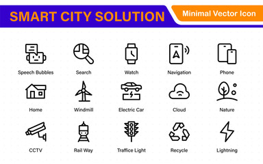 Naklejka premium Smart City Solutions Icon Set – Minimal Line Vector Illustrations for Urban Planning, IoT, Infrastructure, Transportation, and Smart Tech Designs