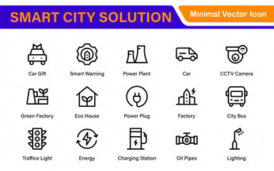 Smart City Solutions Icon Set – Minimal Line Vector Illustrations for Urban Planning, IoT, Infrastructure, Transportation, and Smart Tech Designs