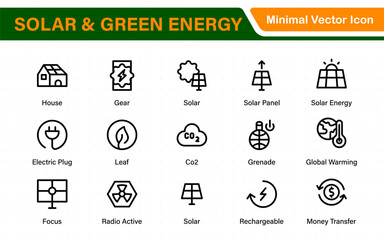 A Modern and Versatile Icon Set for Solar Energy, Renewable Resources, Eco-Friendly Solutions, and Green Technology Initiatives