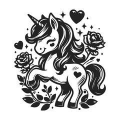 Unicorn with Valentine's day heart Vector Design Black color, simple