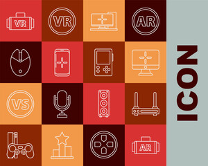 Set line Ar, augmented reality, Router and wi-fi signal, Computer monitor, Smartphone playing in game, mouse gaming, Virtual glasses and Portable video console icon. Vector