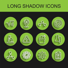 Set line Molecule, Atom, Square root of 4 glyph, Virus, Radiation warning document, High voltage, Test tube and flask and Astronomical observatory icon. Vector