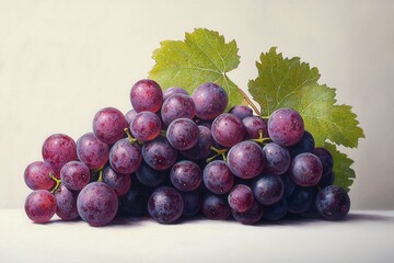 Fototapeta premium Fresh Bunch of Purple Grapes with Green Leaves on a Light Background - Perfect for Food and Beverage Themes