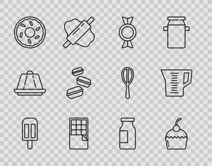 Set line Ice cream, Cake, Candy, Chocolate bar, Donut, Macaron cookie, Bottle with milk and Measuring cup icon. Vector