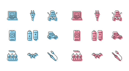 Set line Industrial production of robots, Drone, Creating, Soldering iron, Battery, Autonomous smart car, Turn off from phone and Electric plug icon. Vector