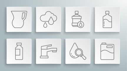 Set line Bottle of water, Cloud with rain, Water tap, Drop and magnifying glass, Big bottle clean, and Jug icon. Vector