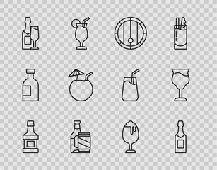 Set line Whiskey bottle, Champagne, Wooden barrel, Beer and beer can, glass, Coconut cocktail, Glass of and Wine icon. Vector