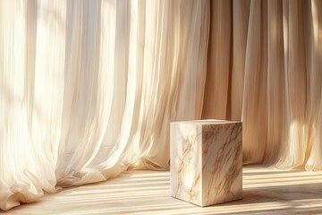 Elegant Marble Pedestal in Sunlit Room with Flowing Curtains and Soft Shadows Creating a Serene and Minimalist Atmosphere