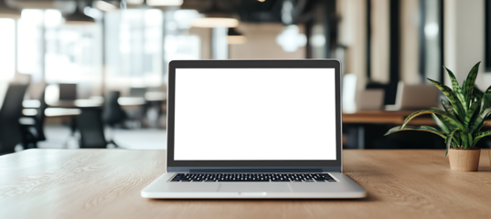 Professional Workstation with Wooden Desk and Laptop with Transparent PNG Screen Ready for Design Customization, Business Promotion or Product Advertising