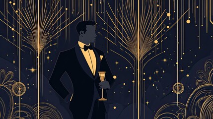 Elegant man in tuxedo, art deco backdrop