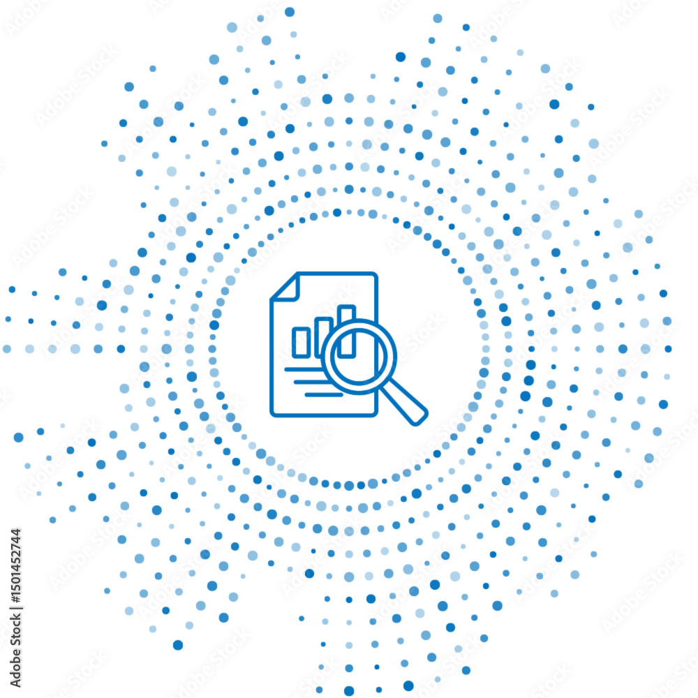 Fototapete Blue line Document with graph chart icon isolated on white background. Report text file icon. Accounting sign. Audit, analysis, planning. Abstract circle random dots. Vector