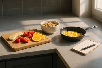 Vibrant Breakfast Components Display with Recipe Cards