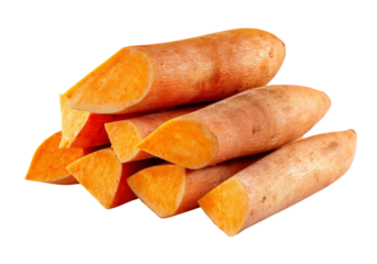 Peeled and chopped sweet potatoes arranged in neat rows on a clean prep surface for cooking, Png