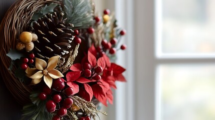 Ornate christmas wreath hanging by a window.