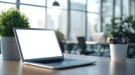 Contemporary Office Setting With Laptop with Transparent PNG Screen On Clean Desk and Ample Space Beside Wall for Marketing Or Personal Designs