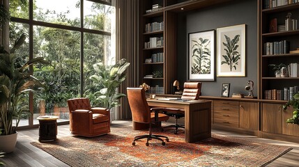 Fototapeta premium Sophisticated office design with framed botanical art and polished wooden furniture 