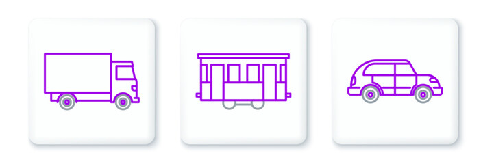 Set line Hatchback car, Delivery cargo truck vehicle and Old city tram icon. Vector