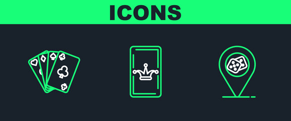 Set line Casino location, Playing cards and Joker playing icon. Vector