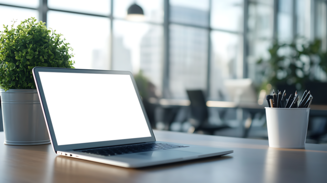 Contemporary Office Setting With Laptop with Transparent PNG Screen On Clean Desk and Ample Space Beside Wall for Marketing Or Personal Designs - Powered by Adobe