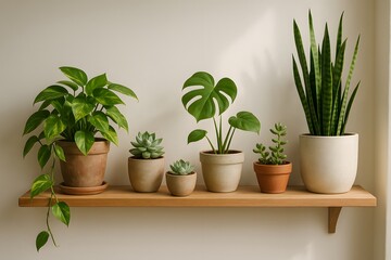 Fototapeta premium Lush Indoor Plant Shelf with Greenery and Boho Decor