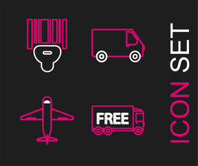 Set line Free delivery service, Plane, Delivery cargo truck vehicle and Scanner scanning bar code icon. Vector
