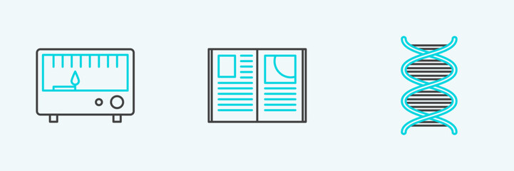 Set line DNA symbol, Electrical measuring instruments and Open book icon. Vector