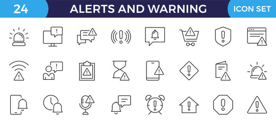 Warning and risk. Set of line icons in linear style. Warning exclamation mark, attention, danger, notice, stop. Alerts and Warning editable stroke outline icon.