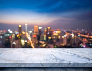 Obraz premium marble empty table rooftop penthouse bar restaurant hotel countertop copy space blurred skyline bokeh light background