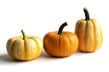 Obraz premium Three colorful gourds in a row on a white background create visual interest