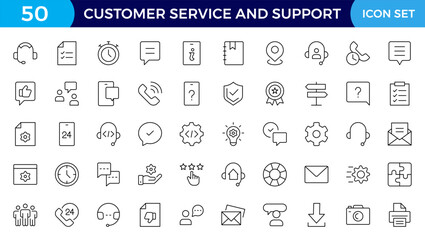 Customer Service and Support - Outline Icon Collection.Thin-line modern style of customer service icons: feedback, technical support, assistance, information, and more. Editable stroke outline icon.