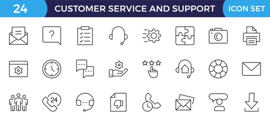 Customer Service and Support - Outline Icon Collection.Thin-line modern style of customer service icons: feedback, technical support, assistance, information, and more. Editable stroke outline icon.