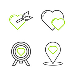 Set line Map pointer with heart, Heart the center of darts target aim, and Amour and arrow icon. Vector