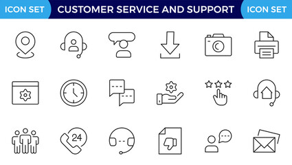 Customer Service and Support - Outline Icon Collection.Thin-line modern style of customer service icons: feedback, technical support, assistance, information, and more. Editable stroke outline icon.