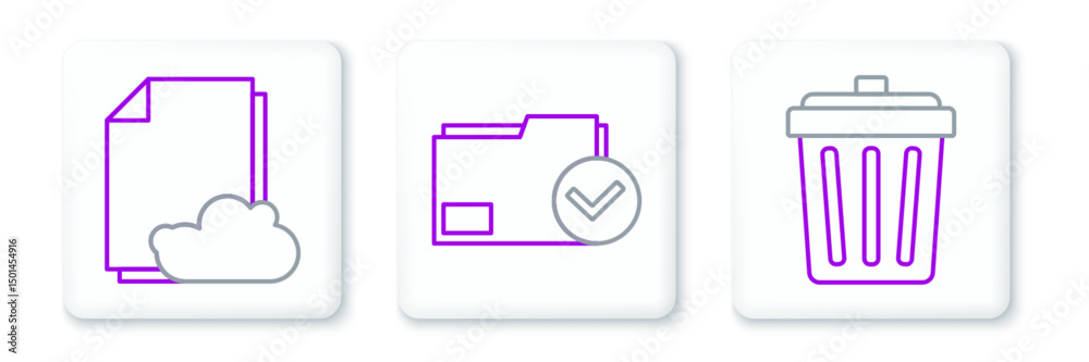 Poster set line trash can, cloud storage text document and document folder and check mark icon. vector