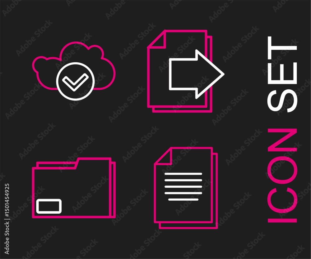 Poster set line document, folder, next page arrow and cloud with check mark icon. vector