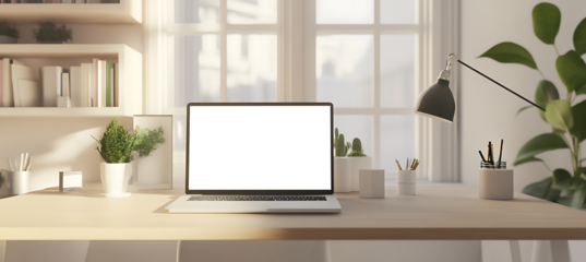 Bright Modern Home Office Transparent PNG Scene Featuring Open Laptop on Clean Desk with Ample Space for Custom Content Placement