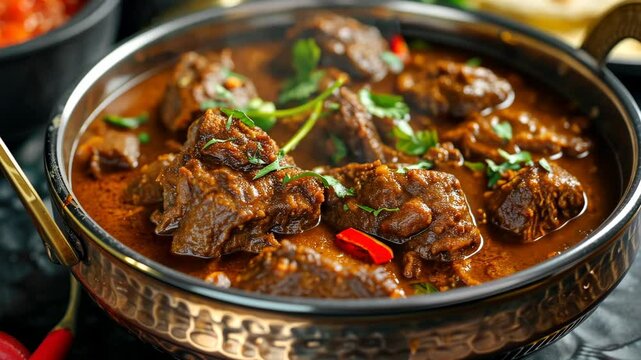 Close-up of tender kebabs marinated in aromatic spices, cooked and served in a metal tray with a rich curry sauce.