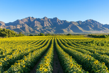 stunning, wide-angle view of a vibrant sunflower farm under a clear blue sky, with rows of tall, golden sunflowers stretching toward a majestic mountain range in the background.