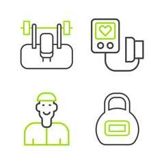 Set line Kettlebell, Positive thinking, Blood pressure and Bench with barbel icon. Vector