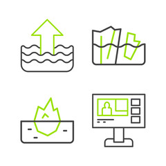 Set line Television report, Iceberg, Glacier melting and Rise water level icon. Vector