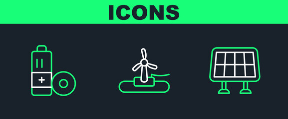 Set line Solar energy panel, Battery and Wind turbine icon. Vector