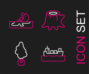 Set line Oil tanker ship, Tree, stump and Wrecked oil icon. Vector