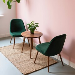 Two green velvet chairs and a wooden table with a plant on a woven rug against a pink wall